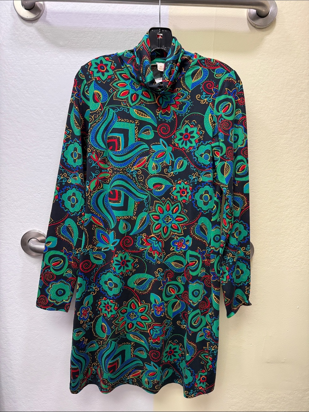 Women’s Long Sleeve Turtleneck Dress - Teal Floral Print
